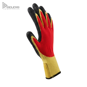 Custom Industrial Work Safety <b>Gloves</b> Tri Color Red Yellow Seamless <b>Knit</b> Shell Black Crinkle Latex Coated Palm Grip Construction - Product Image 2