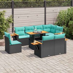 Set di divani da giardino in polyrattan nero da 9 pezzi con cuscini, mobili da esterno - Product Image 1