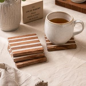 Sous-verres décoratifs en bois à rayures linéaires, design rustique écologique, pour thé, café, boissons, table à manger, cuisine, bureau, maison - Product Image 2