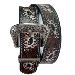 New Trendy Unisex Western Cowboy Style Hand Carved Floral Embossed Men's Fashion Western Leather Tooling Belt - Product Image 2