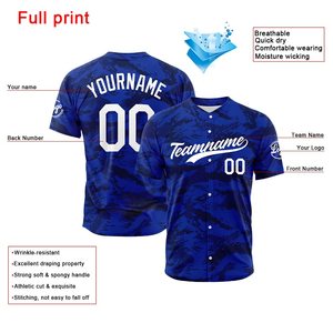 เสื้อเบสบอลแบบกำหนดเองสำหรับผู้ชาย สีน้ำเงินลายพราง แขนสั้น ทรงปกติ พิมพ์ชื่อทีม สำหรับผู้ใหญ่ ทุกฤดูกาล - Product Image 3