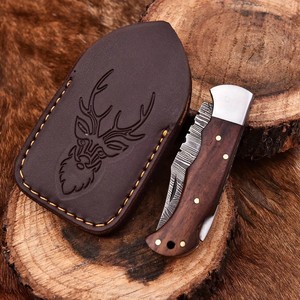 Cuchillo Plegable de Acero de Damasco con Patrón Trenzado, Bloqueo Trasero, Mango de Palisandro, Funda, Cuchillo EDC de Bolsillo para Camping, OEM, Venta Caliente - Product Image 5