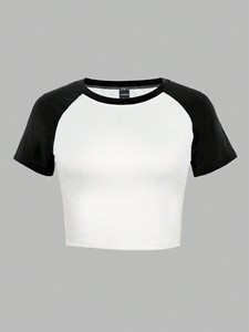 Two Tone Raglan Crop T Shirt Women Fitted Stretch Cotton Contrast Sleeve Casual <b>Top</b> Trendy Streetwear OEM women's shirt - Product Image 2