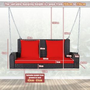 Balançoire suspendue en osier pour 2 personnes avec 2 coussins de dossier et 1 coussin d'assise pour utilisation en extérieur sur la terrasse - Product Image 5