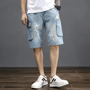Shorts cargo déchirés bleu clair pour homme, taille mi-haute, fermeture boutonnée, style décontracté, en coton tissé, longueur Bermuda - Product Image 1