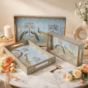 Handcrafted Decorative Wooden Serving <b>Tray</b> Set with Peacock Design Nesting <b>Storage</b> <b>Trays</b> Blue Vintage Printed Home Decor - Product Image 4