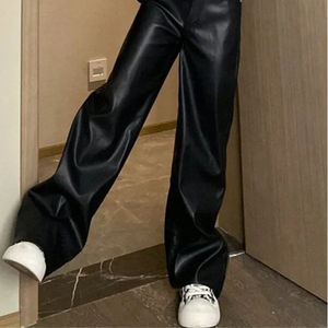 Pantalones de cuero PU con corte de pera para mujer, novedad de otoño, talla grande, de cintura alta, efecto adelgazante, pierna recta, estilo casual. - Product Image 5