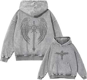 Sweat à capuche unisexe Y2K de qualité supérieure, style international, délavé, avec motif gothique tête de mort et ailes, coupe oversize décontractée, style grunge, à enfiler - Product Image 1