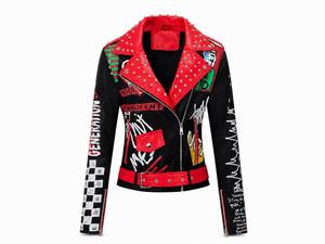 Chaqueta de Motocicleta de Cuero PU para Mujer, Estilo Punk, Cuello Rojo, Decoración con Remaches, Cierre de Cremallera, Corte Ajustado, Resistente al Agua, para Invierno - Product Image 1
