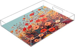 Serving Tray with Handles <b>Clear</b> Acrylic Tray Decorative Rectangular Tray for Ottoman Coffee <b>Table</b> Bathroom Autumn Poppy Flowers - Product Image 4