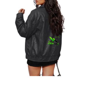 Chaqueta Bomber Impermeable de Cuero PU Negro para Mujer VANTEX SPORTS, Cuello Camisero, Cierre de Cremallera, Corte Holgado con Bolsillos, Estilo Casual - Product Image 2