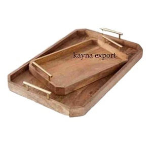 ถาดไม้ตกแต่งดีไซน์สวยงาม ถาดเสิร์ฟไม้ธรรมชาติขายดีที่สุด พร้อมหูจับสีทอง สำหรับใช้ในบ้านและร้านอาหาร - Product Image 1