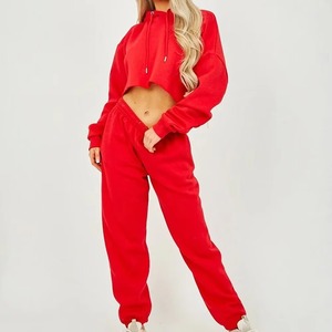 Women Red Cotton Tracksuit Set Hooded <b>Crop</b> Top Full Length Pants Casual Loose Fit Solid Color Autumn Wear Full Sleeve fit Autumn - Product Image 2