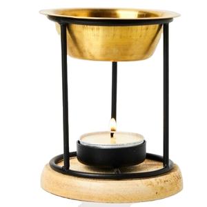 Quemador de Aceite de Metal Dorado y Negro de Lujo de Tendencia con Base de Madera, Calentador de Aceite de Aromaterapia con Vela de Té, Aroma de Latón Hecho a Mano - Product Image 1