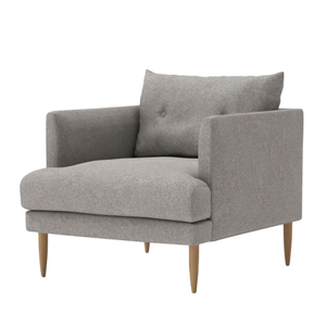 Grey upholstered single accent chair with padded foam, button-tufted backrest, and tapered wooden legs. - Product Image 3