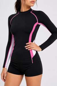 Women's Black Pink Contrast Color Block Long Sleeve <b>Raglan</b> Sport Shirt Roll Neck Moisture Wicking Knitted <b>Top</b> - Product Image 3