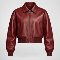 Blouson bomber court en cuir véritable bordeaux pour femme, style vintage, léger, avec fermeture éclair et poignets côtelés