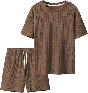 Men's Summer Casual <b>Knitted</b> T-Shirt <b>Set</b> Solid Color Crew Neck Breathable Shorts 2-Piece Outfit for Everyday Wear - Product Image 1