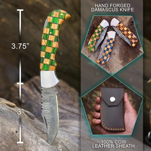 Handmade Damascus Pocket <b>Knife</b> 3in Back Lock Clip Point Serrated Edge <b>Folding</b> Olive Blue Wood Handle Birthday Groomsmen - Product Image 4