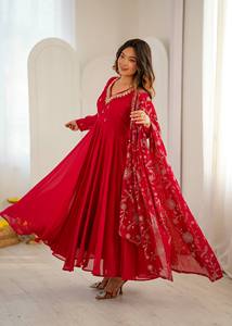 ชุดคุर्ติผ้าชีฟองปักลายสีแดงสไตล์อินเดีย-ปากีสถาน พร้อมผ้าคลุมไหล่  ทำจากวัสดุรีไซเคิล สำหรับงานแต่งงานและงานเลี้ยงของผู้หญิง - Product Image 1
