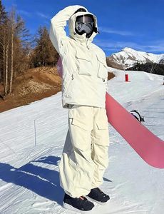 Pantalon de snowboard cargo beige pour femme, imperméable, isolation synthétique, jambe large, taille haute, fermeture boutonnée, vêtements de ski - Product Image 4