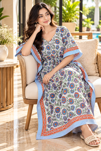 Robe Kaftan Bohème Florale Blanche pour Femme 100% Coton Tissé Sans Manches Col en V Coupe Ample Maxi avec Ceinture à Nouer Tenue Décontractée - Product Image 6