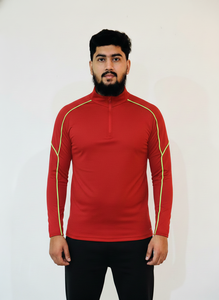 Camiseta Deportiva de Manga Corta con Cierre de Cremallera Roja para Hombre, Costuras en Amarillo en Contraste, Corte Regular, Ropa Deportiva de Verano, Protección UV, Transpirable - Product Image 6