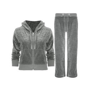 Unisex Gray Velour Tracksuit Hooded Drawstring <b>Jacket</b> Jogger Set Casual Winter Sportswear Full Sleeve Solid Color Pants Side - Product Image 1