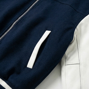 Navy Wool Body Varsity <b>Jacket</b> with <b>White</b> Leather Sleeves | Classic Letterman Bomber | OEM Custom Private Label - Product Image 3