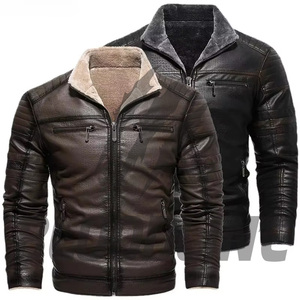 Men's Black PU Leather Moto <b>Biker</b> <b>Jacket</b> Slim Fit Zipper Closure Stand Collar Faux Fur Lining Winter Wear - Product Image 6