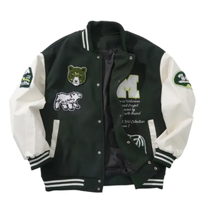 Chaqueta Varsity Casual Holgada con Letras Verdes y Blancas, Diseño de Oso Polar, para Primavera y Otoño, Estilo Universitario de Béisbol - Product Image 1
