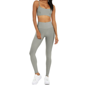 Best Selling Women Grey Spaghetti Strap Sports Bra High-Waist Gym Leggings 2 Piece Workout Yoga Fitness Set Activewear Suit - Product Image 5
