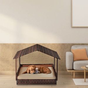 Small Medium Sized Elevated Rattan Dog House Washable Cushion Cover Indoor Outdoor Raised Pet Furniture Wicker Dog Bed Canopy - Product Image 6