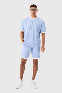 Nouvel ensemble sportif d'été pour homme, 100% coton, décontracté, respirant, en tissu éponge, 2 pièces, couleur unie, taille élastique, avec logo, manches courtes - Product Image 2