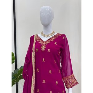 Party Wear <b>Red</b> Chiffon Top-Bottom and Dupatta Set with Embroidery 100% Polyester XL Size - Product Image 2