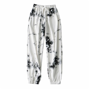 Pantalon de jogging décontracté pour homme en coton léger, motif blanc et noir, style tie-dye, taille élastique avec cordon de serrage, idéal pour l'été, OEM - Product Image 3