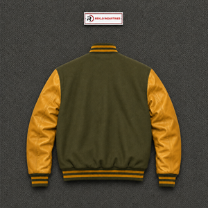 Blouson universitaire personnalisé en olive avec manches jaune doré – Blouson bomber classique de baseball pour homme, style universitaire, coupe ajustée, vente en gros - Product Image 6