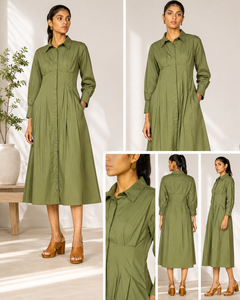Robe chemise plissée vert olive pour femme |   Robe midi décontractée à manches longues et col, en mélange de coton, style A-line, pour le travail ou les loisirs - Product Image 3