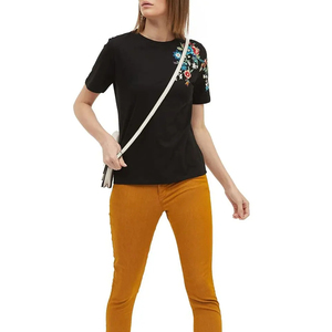 Black <b>Short</b> <b>Sleeve</b> Knitted O-Neck T-Shirt With Floral Hand Embroidery On Right <b>Sleeve</b> Regular Fit Casual Men's Style - Product Image 3