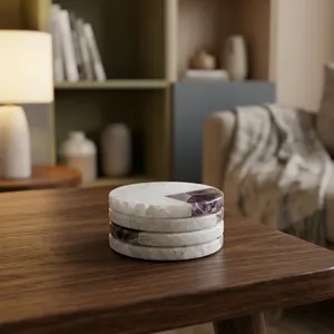 Ensemble de sous-verres artisanaux en pierre naturelle, sous-verres ronds en marbre blanc avec incrustation d'améthyste violette pour la décoration de table et de la maison - Product Image 2