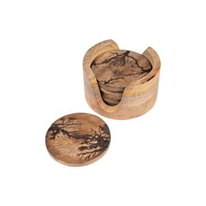Ensemble de sous-verres en bois de manguier faits à la main avec design artistique électrique en bois brûlé fractal, sous-verres ronds écologiques pour thé et café avec support - Product Image 1