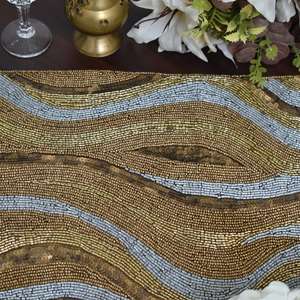 Rectangular Beaded <b>Table</b> Runner Fabric Mats Glam Handmade Gold Silver Wave Design - Product Image 5