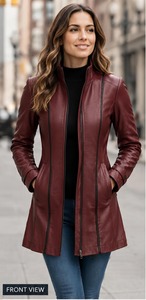 <b>Womens</b> Genuine Sheepskin Leather Mid Length <b>Coat</b> Stand Collar Contrast Piping Zipper - Product Image 3