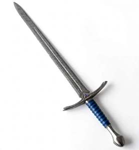 Handcrafted Damascus Steel Display Piece Engraved Crossguard Blue <b>Leather</b> Wrapped Handle - Product Image 2