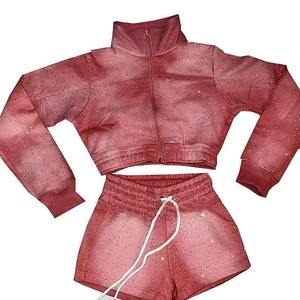 Ensemble veste courte zippée et short 100 % coton pour femme avec logo personnalisé, vêtements d'été, ensemble survêtement avec strass, haut et short - Product Image 2