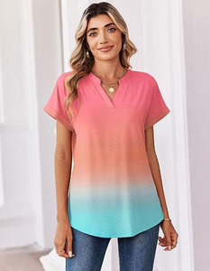 เสื้อยืดแขนสั้นคอวีสีไล่ระดับสำหรับผู้หญิงทรงหลวมสบายๆ เสื้อถักลำลองสำหรับฤดูใบไม้ผลิและฤดูร้อน ระบายอากาศได้ดี ผลิตจากโพลีเอสเตอร์ - Product Image 3