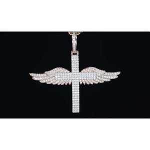 Pendentif croix en argent sterling 925 plaqué or rose 18 carats avec diamant Moissanite VVS, nouveau design en forme d'aile, style Hip Hop - Product Image 4