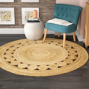 Alfombra Redonda de Yute Hecha a Mano con Patrón de Medallón, Estilo Bohemio, Tejido Plano, Color Natural, Decoración para Sala de Estar, Base Antideslizante - Product Image 1