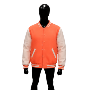 Blouson universitaire premium en corail pour homme – Style universitaire élégant, coupe décontractée, polyester et coton, couleur unie, col rabattable - Product Image 1