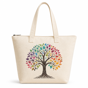 Sac fourre-tout ethnique personnalisé en coton ou toile à motif arbre avec fermeture éclair et bandoulière pour la plage, les voyages et la promotion - Product Image 1